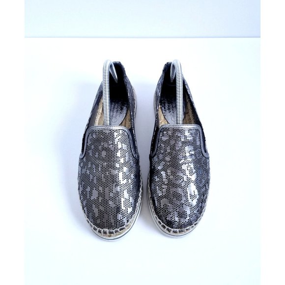 JIMMY CHOO Dawn Metallic Pewter Leather Espadrilles EU 39 US 9 Slip On Leopard - Picture 2 of 16